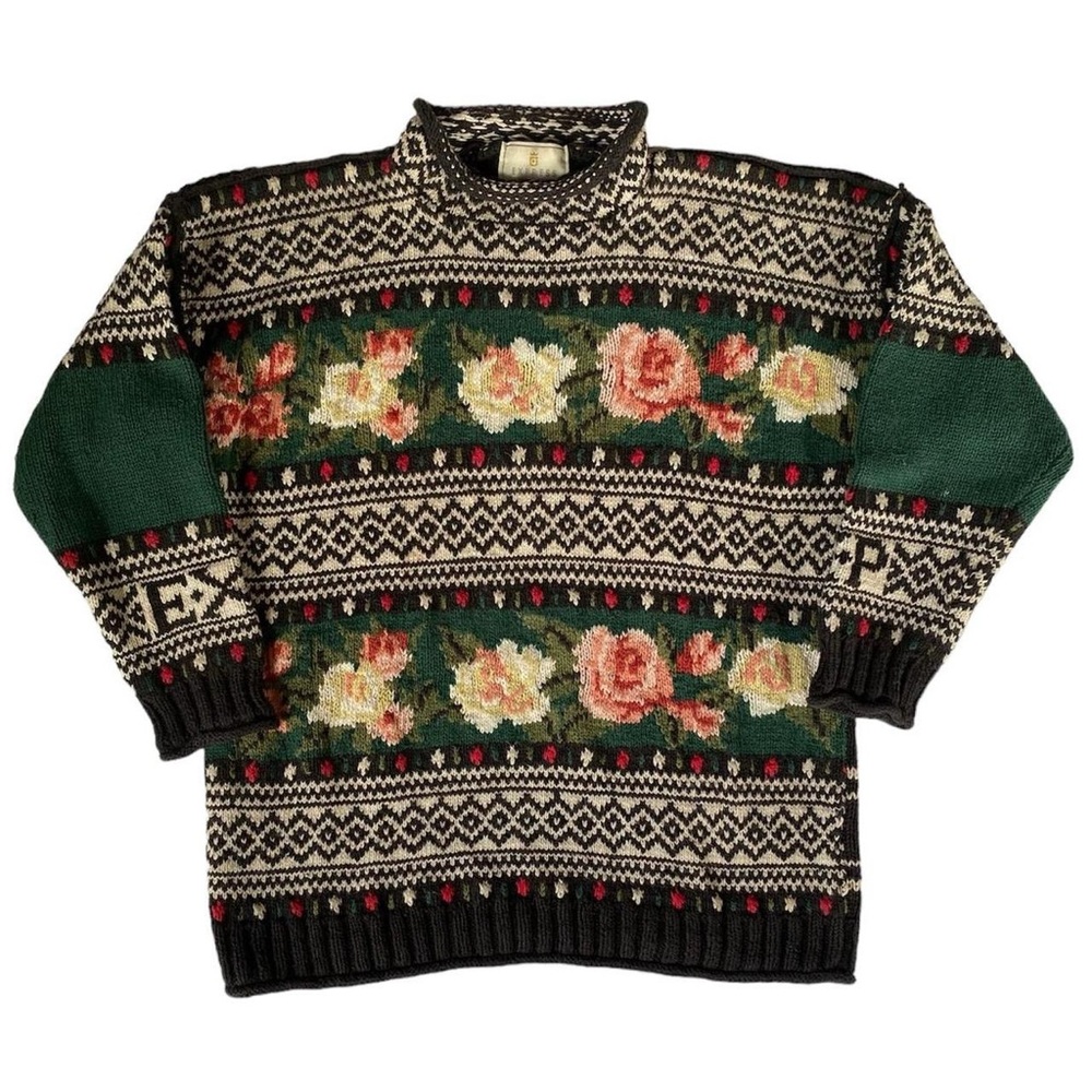 Vtg Express Tricot Sweater Chunky Oversize Floral Roses Grannycore Cottage Sz L
